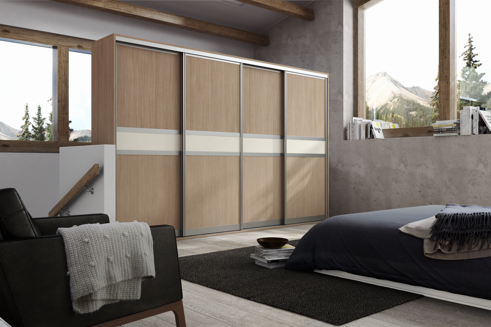 The Gallery fitted bedrooms - Primo - Aluminium - Sonoma Oak MFC & Light Beige Glass